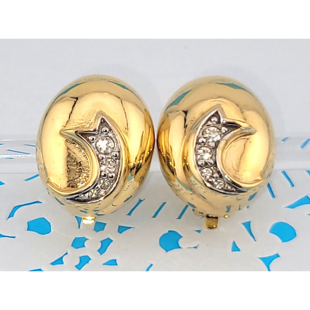 Vintage Signed D'Orlan White Crystal Gold Plate Clip Button Earrings 7/8"